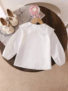 Genkimix Kids 全新年轻女孩时尚甜美蕾丝领白色长袖衬衫，百搭婴儿汗衫 - 白色 - 查看 2