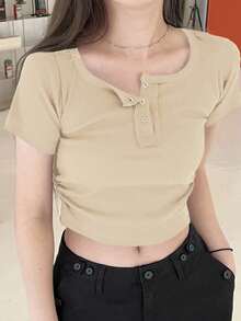 DAZY Camiseta de mujer de unicolor, corta y entallada, para el verano - Albaricoque - Ver 3