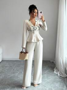 Rafferiza 女士优雅刺绣 V 领长袖女士秋季套装，适合约会、通勤和日常穿着