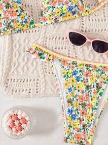 Swim Mod Conjunto de bikini triangular minimalista con estampado de buscadora de playa para mujer - Multicolor - Ver 5