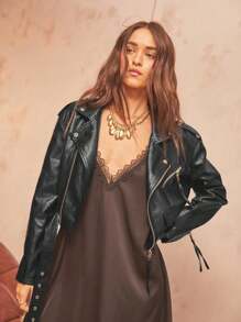 Aralina PU 仿皮机车夹克 短款机车夹克 前卫街头风 系带外套 - 黑色 - 查看 3