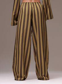 MUSERA 女士阔腿条纹亚麻质感长裤，适合假日、夏季海滩度假、感恩节、复活节等休闲场合穿着。 - 棕色 - 查看 3