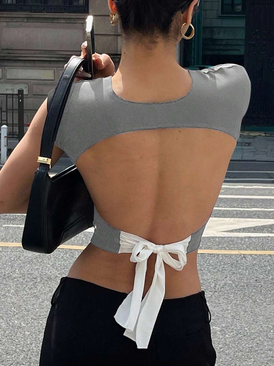 DAZY Women's Sexy Backless Lace-Up Cropped T-Shirt, Summer - Light Grey - View 1
