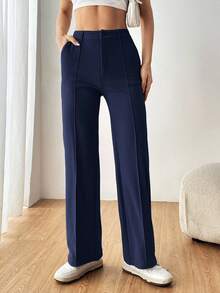 SHEIN EZwear Women's Simple Casual Navy Blue Suit Pants In Fall/Winter - Navy Blue - View 6