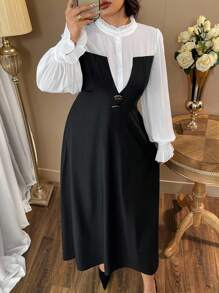 Auvina Plus Size Women Elegant High Neck Black & White Contrast Waist-Cinched Long Sleeve Ruffle Cuff A-Line Office/Date Dress
