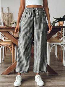 LanaWest 女士條紋直筒休閒長褲，適用於日常穿著