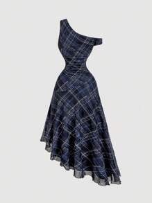 SHEIN MOD Vintage 70s Black And Blue Checkered Asymmetrical Hem Dress With One Shoulder - Perfect For Women's Vacation Outfits, Country Styles, Beach Getaways, Dates, Holidays, Western Wear, Preppy Looks, And Commuter Attire