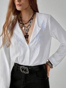 Florisole Women's Boho Embroidered Open Front Solid Color Shirt Western Blouses White Western Top Western Tops Fall Cloth For Women