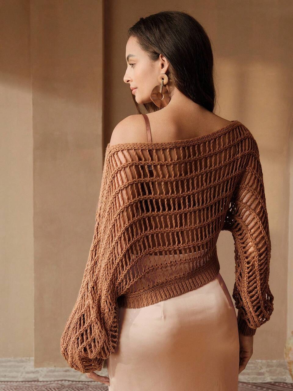 Women's New Milleraie Color Oblique Shoulder Hollow Out Crochet Long Sleeve Elegant Knit Sweater