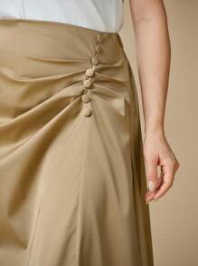 SHEIN Clasi Plus Size Women Khaki Satin Ruched Waist Buttoned Skirt, Elegant For Party, Cocktail, Wedding Fall Women Clothes Fall Clothes Fall Women Outfits
