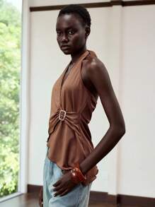 Lumivelle 无袖不对称下摆露背吊带上衣，夏季时尚 - 白色 - 查看 1