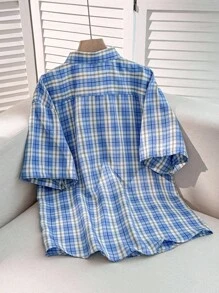 Franclia Loose Fit Casual Vintage Character Embroidered Short Sleeve Shirt - Baby Blue - View 2
