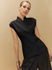 Poéselle Women's Elegant Commuting Solid Color Double-Breasted Thin Blazer In Fall/Winter - Black - View 6
