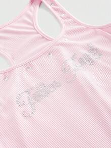 ROMWE Grunge Punk Vestido Camisole de Pescoço de Tripulação com Slogan de Strass Estilo Punk Sexy, Comprimento Mini, Rosa - Rosa chiclete - Visão 3