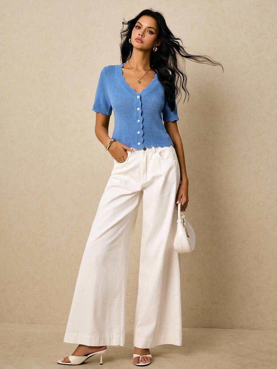 Poéselle Women's Solid Color Arched V-Neck Single-Breasted Short Sleeve Casual Knit Top Fall Tops,Knitted Sweater - Blue - View 1