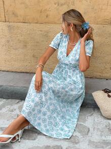SHEIN Frenchy Women's White And Blue Floral V-Neck Elegant Long Dress, Summer Boho Tea Party Holiday Vacation Cottagecore French Beach Short Sleeve Dresses - Blue - View 1