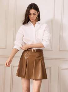 Briarwyn Falda plisada de línea A de unicolor simple de piel de PU con cinturón para mujer, estilo antiguo, para vacaciones - Marrón - Ver 5