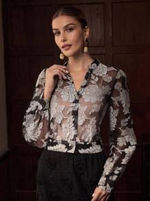 ZEYLAH Blusa transparente con estampado floral - Blanco y Negro - Ver 5