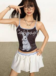 Rina Fox 撞色字母与动物印花修身吊带背心 - 咖啡棕 - 查看 4