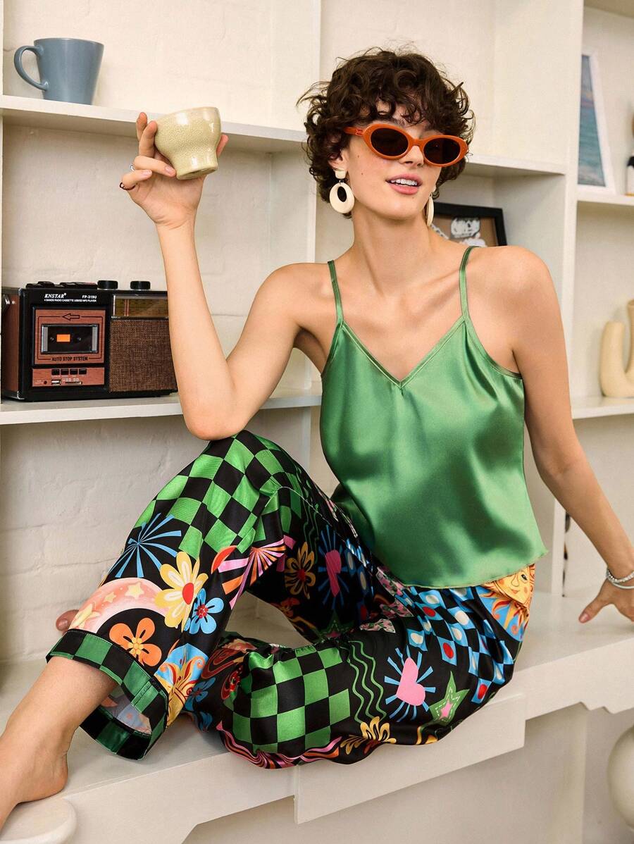 缎面印花、星星和花卉格子图案女士睡衣套装 - 綠色 - 查看 1