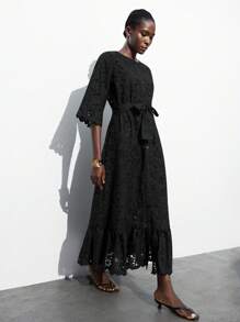 Maija 女士刺绣镂空腰系带长袖连衣裙，宽松夏季度假连衣裙，休闲风 - 黑色 - 查看 1