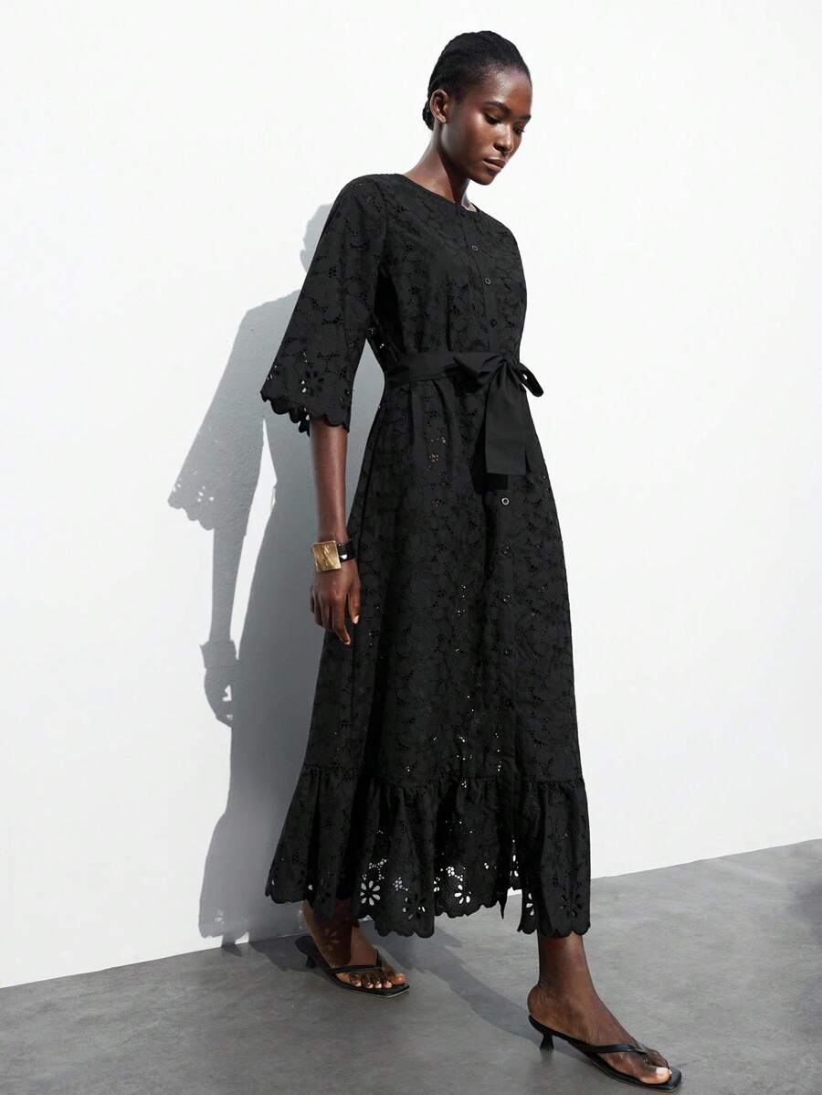 Maija 女士刺绣镂空腰系带长袖连衣裙，宽松夏季度假连衣裙，休闲风 - 黑色 - 查看 1