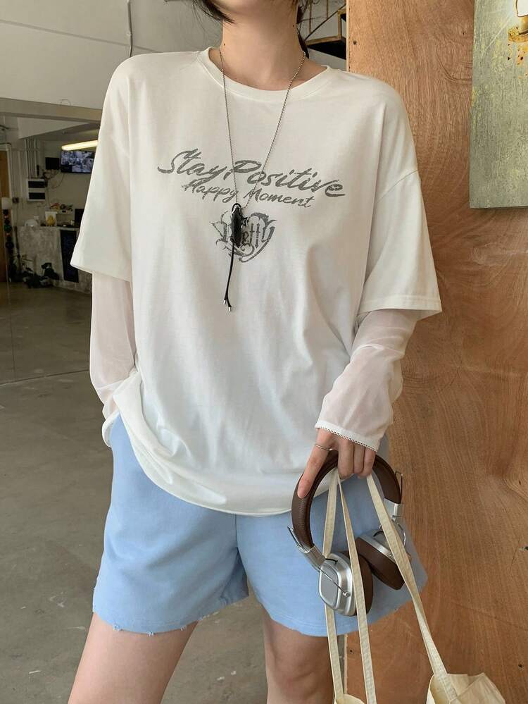 Women's Casual Slogan Printed Drop Shoulder Loose T-Shirt Fall Tops