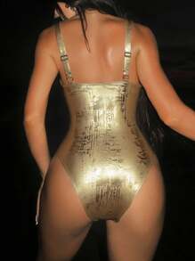 Swim SXY Costume da bagno da donna con anello metallico cavo, in tessuto lucido, adatto per festival musicali come Lollapalooza, vacanze