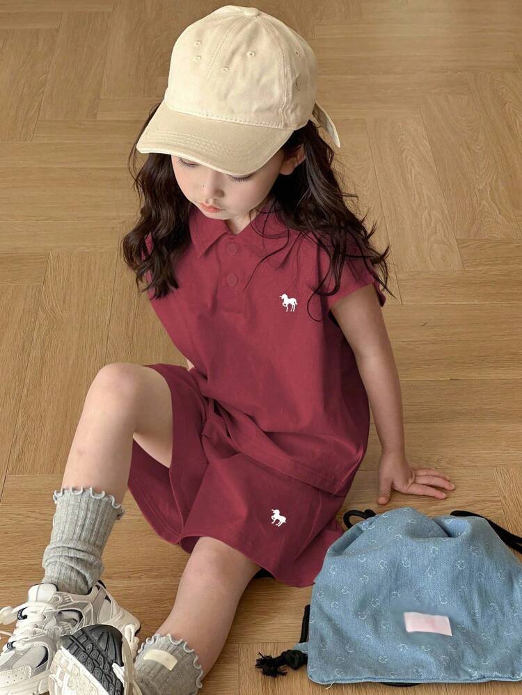 2pcs Young Girls Polo Collar Knit Graphic Embroidery Short Sleeve T-Shirt + Knit Shorts Set, Summer