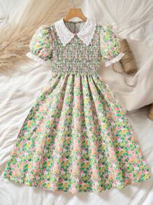 SHEIN Vintaside Kids Tween 女孩度假休闲碎花泡泡袖娃娃裙