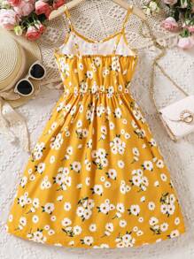 SHEIN 女孩印花前紐扣吊帶連衣裙 - 黃色 - 查看 2