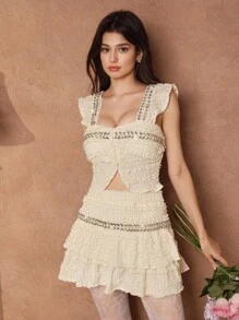 SHEIN Unity Elegant Fashion Celebrity Rhinestone Beading Cami Top And A-Line Skirt 2 Pieces Set For Women - Apricot - View 6