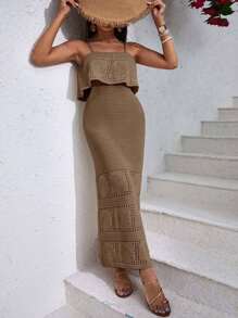 EURMUSE 女式纯色镂空荷叶边下摆修身吊带连衣裙 - 摩卡棕 - 查看 3