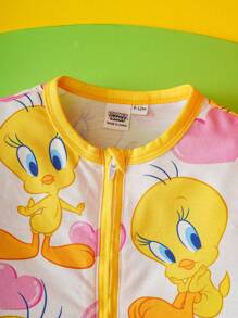 LOONEY TUNES X SHEIN 女宝宝卡通粉色爱心图案可爱连体衣，秋冬款 - 黃色 - 查看 5
