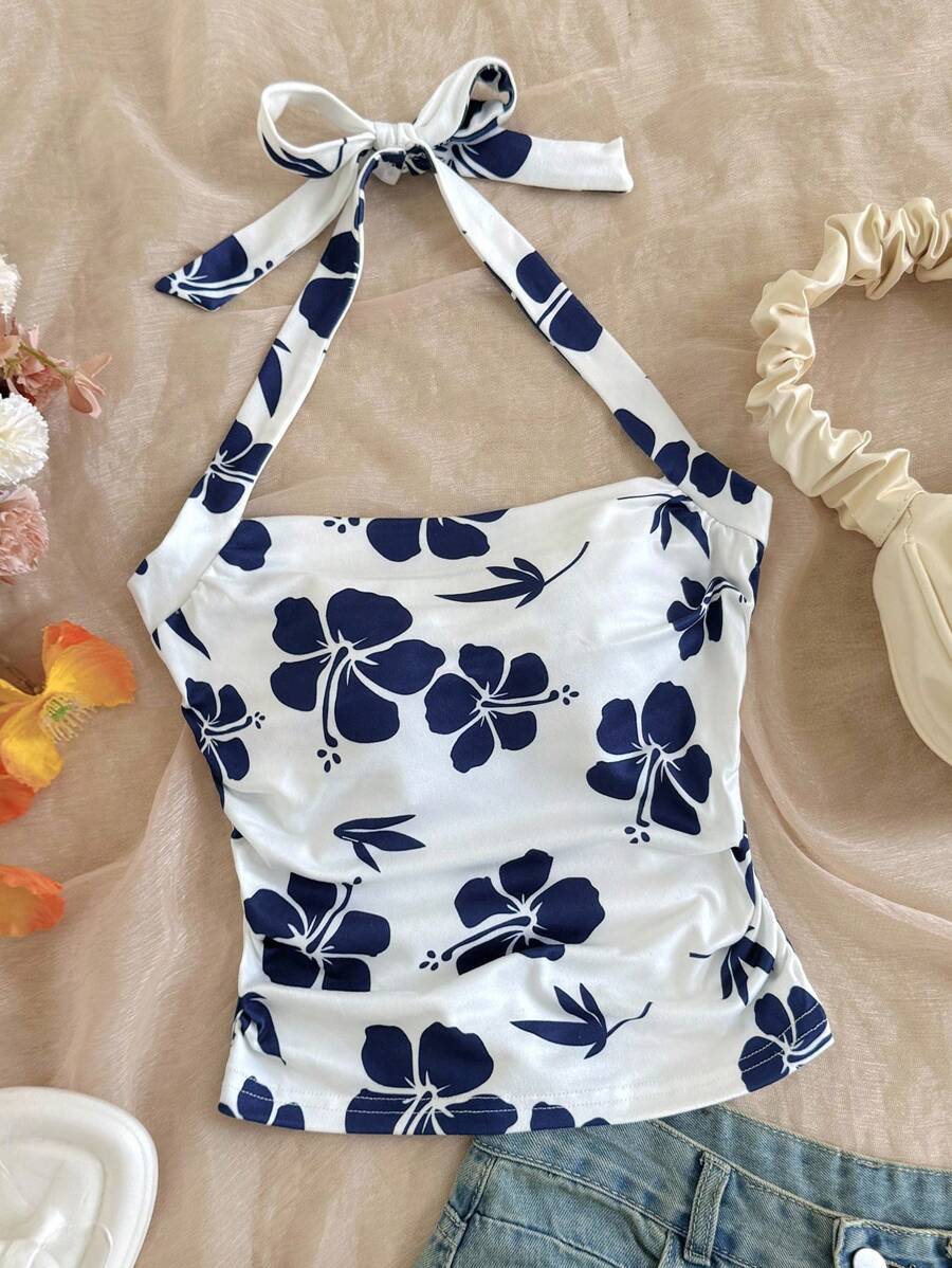 SHEIN Áo ba lỗ in hoa giản dị cho bé gái tuổi mới lớn, thiết kế cổ yếm, cạp chun, thoải mái và tối giản - Màu xanh lam - Xem 1