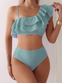 SHEIN Swim Printed Random Stripe Patchwork Ruffle Trim Asymmetrical Neck Crop Top And High Waist Bikini Set For Summer Beach Vacation - Multicolor - View 4