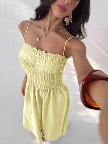 Aloruh Women's Solid Color Frill Trim Maxi Spaghetti Strap Dress, Vacation Style - Light Yellow - View 8