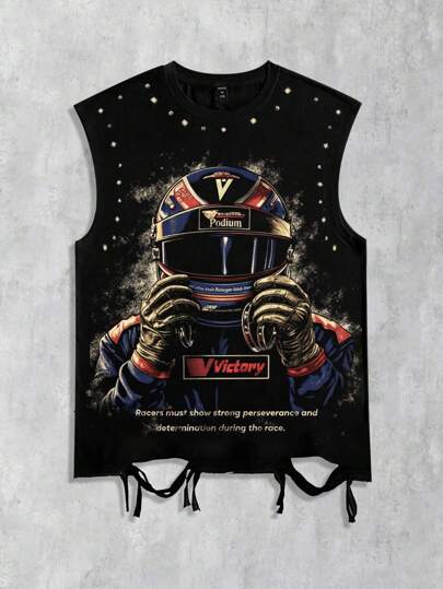 Street Life Débardeur vintage streetwear pour hommes, déchiré, imprimé astronaute, col rond, style années 2000