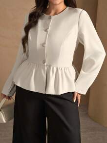 Chikora 大码女式荷叶边下摆时尚休闲夹克，百搭外套 - 杏色 - 查看 6