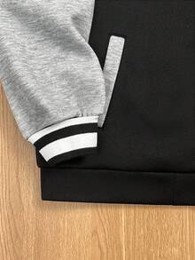 SHEIN Tween Boy 休闲运动字母图案棒球领宽松撞色夹克，适合通勤、上学、日常休闲、旅行、运动、秋冬 - 彩色 - 查看 3