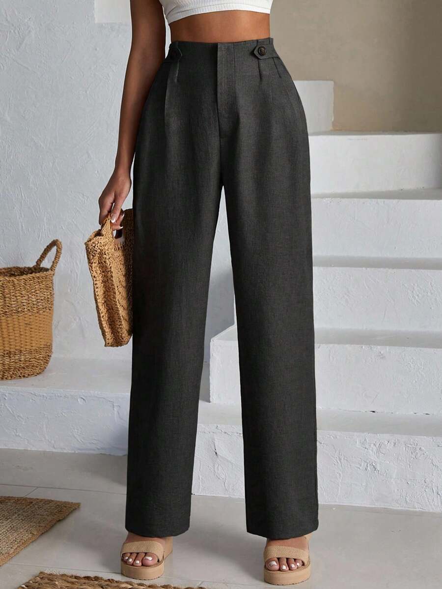 SHEIN Cottnline Women Front Two Sided Button Detailed Linen Pants - Dark Grey - View 1