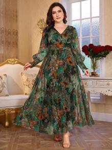 Modelyn Đầm dài tay chữ V dáng chữ A rộng rãi sang trọng thanh lịch mới - Màu xanh lá cây đậm - Xem 3