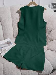 Franclia 女士纯色前系带背心衬衫和短裤休闲两件套 - 墨綠色 - 查看 2