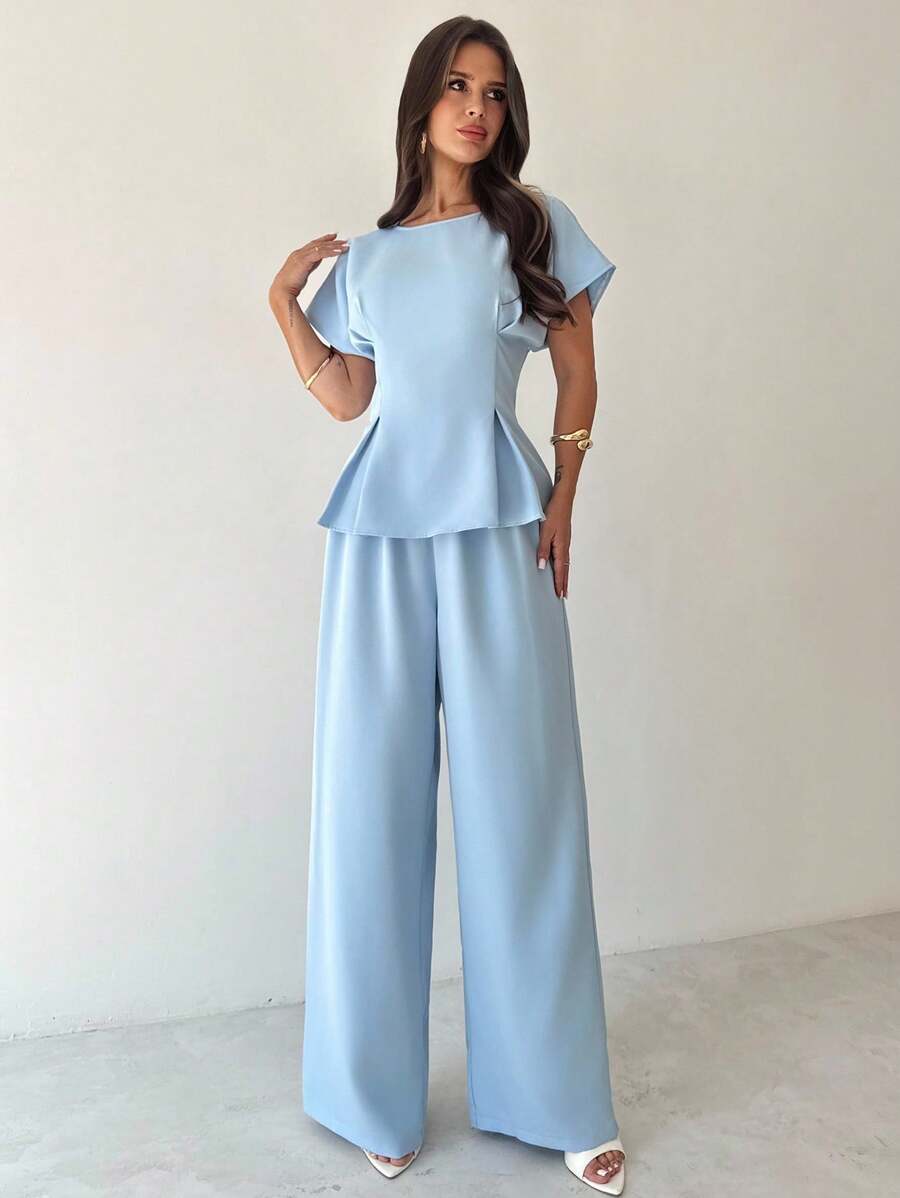 Firerie Bộ 2 món áo sơ mi thường ngày đơn giản thanh lịch đi làm đi chơi ngày lễ phong cách cổ điển tốt nghiệp hàng ngày đa năng màu vàng mơ vải kết cấu tre cổ tròn tay ngắn eo xếp ly hình chữ X + quần ống rộng rộng rãi, trang phục giáo viên, phong cách cổ điển, trang phục công sở cho nữ, văn phòng, trang phục sân bay, trang phục du lịch sân bay, trang phục đi chơi