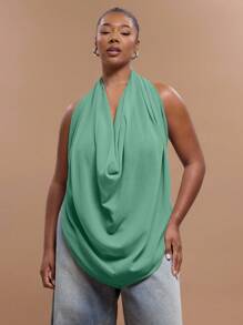 MUSERA Plus Size Chiffon Extreme Draped Halter Neck Backless Top For Going Out, Sexy, Club, Holiday, Rave, Festival, Concert, Spring Summer - Teal Blue - View 3
