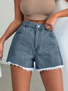 EURMUSE 100%纯棉女款浅蓝色石洗磨边牛仔短裤 - 藍色 - 查看 3