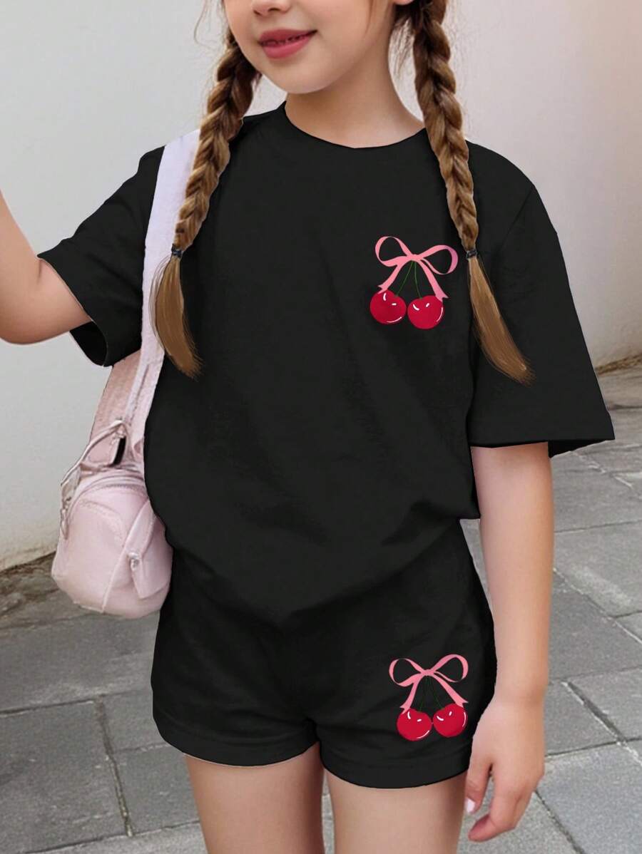 SHEIN Leap Crew 青少年女孩休闲简约短袖和短裤两件套,适合夏季 - 黑色 - 查看 1