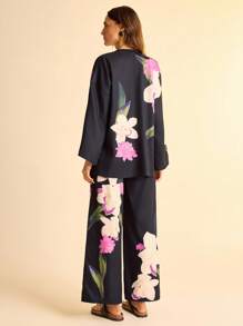 CAJUNI 2 件女式花卉印花长袖和服衬衫和裤子假日套装 - 波西米亚风格女装，图案 - 彩色 - 查看 2
