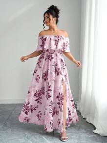 Elenzga 2025 夏季新款大码女装时尚花卉印花露肩荷叶边露肩收腰修身长裙，适合度假、约会、日常通勤、旅行