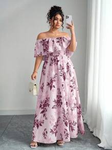 Elenzga 2025 夏季新款大码女装时尚花卉印花露肩荷叶边露肩收腰修身长裙，适合度假、约会、日常通勤、旅行